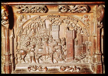 Scène van de onderste rij koorbanken die de verovering van Granada toont, 1495